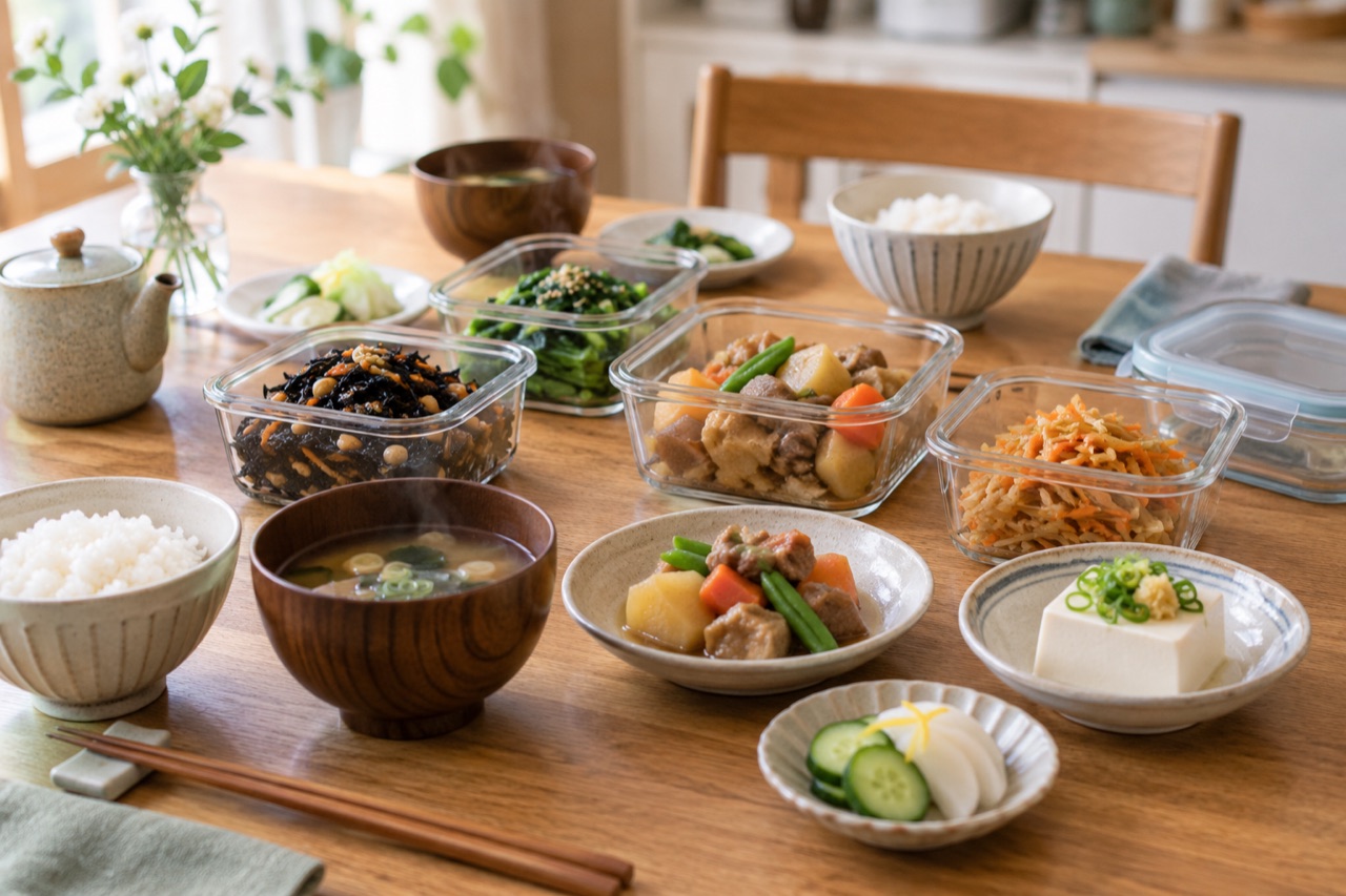 Illustrative Japanese home dinner with prepared side dishes in plain containers